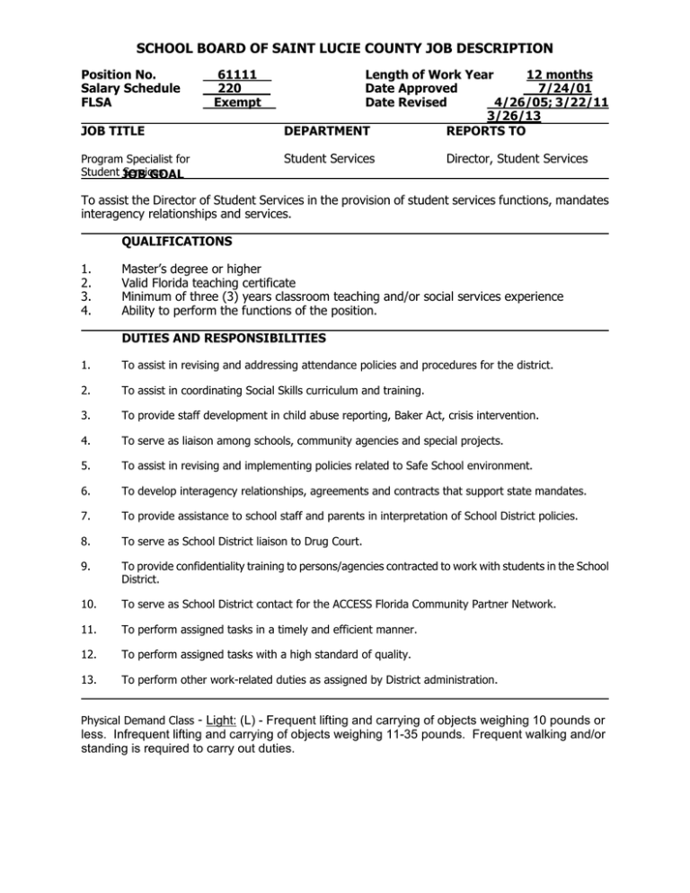 SCHOOL BOARD OF SAINT LUCIE COUNTY JOB DESCRIPTION