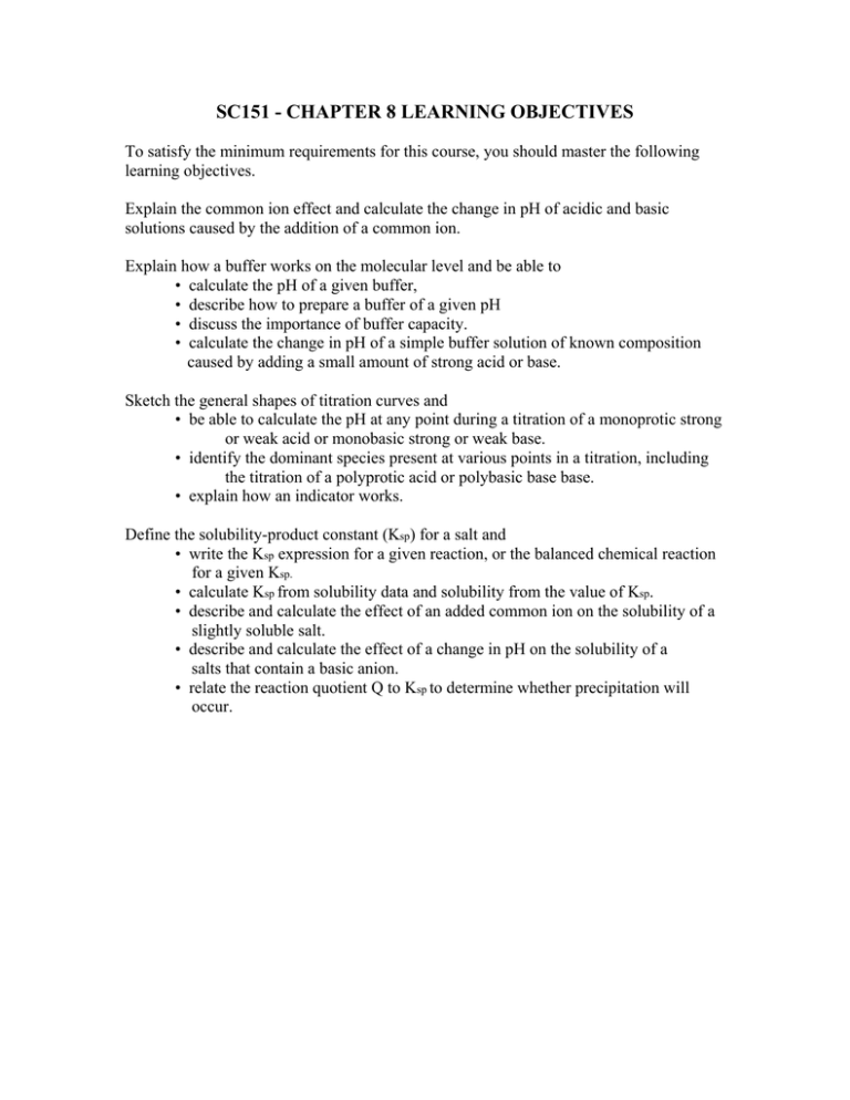 SC151 - CHAPTER 8 LEARNING OBJECTIVES