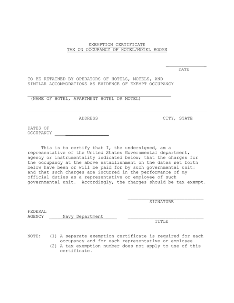 Exemption Certificate Tax On Occupancy Of Hotelmotel Rooms 6303