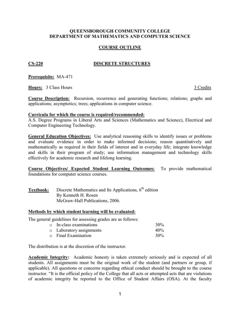 QUEENSBOROUGH COMMUNITY COLLEGE DEPARTMENT OF MATHEMATICS AND COMPUTER 