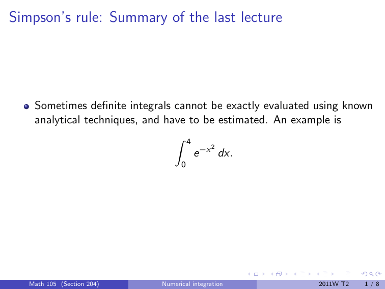 Simpson’s rule Summary of the last lecture