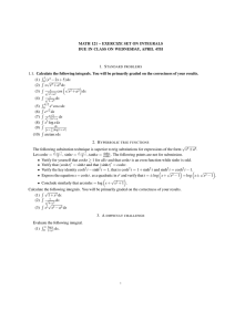 MATH 121 – EXERCIZE SET ON INTEGRALS 1. S