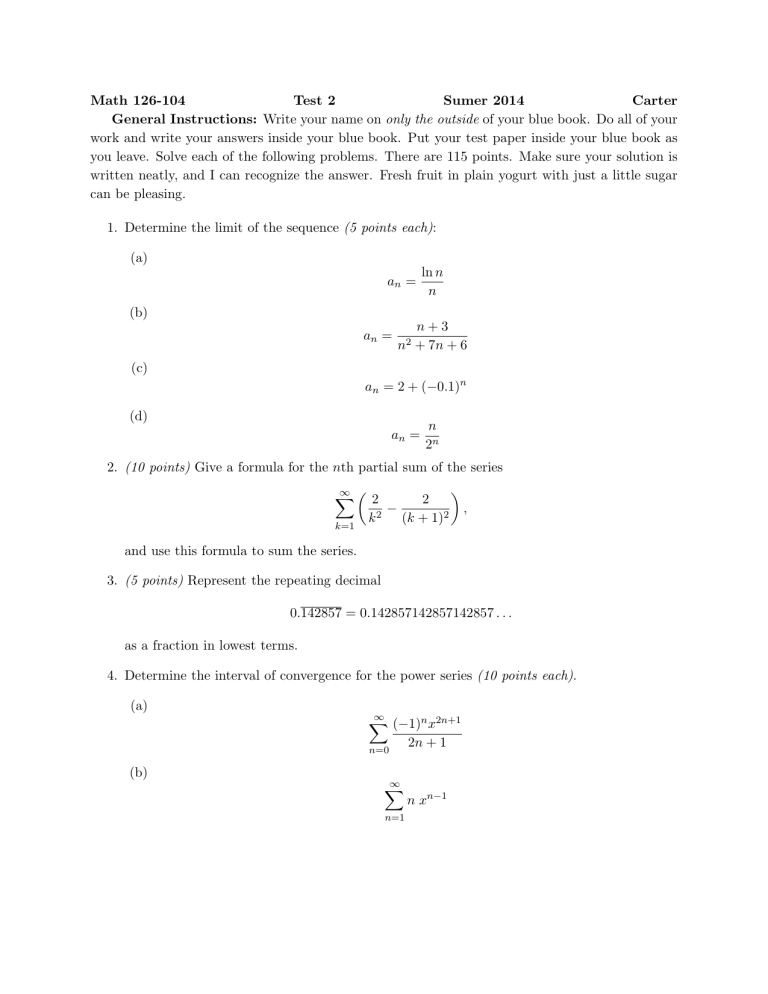 Math 126-104 Test 2 Sumer 2014 Carter
