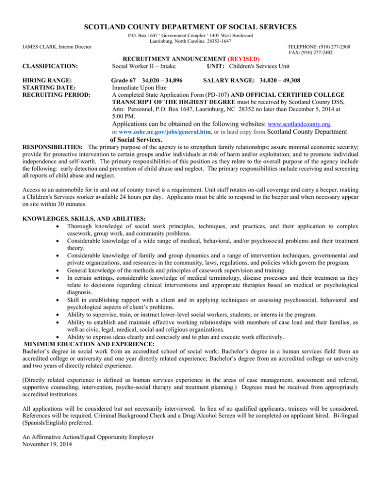 SCOTLAND COUNTY DEPARTMENT OF SOCIAL SERVICES