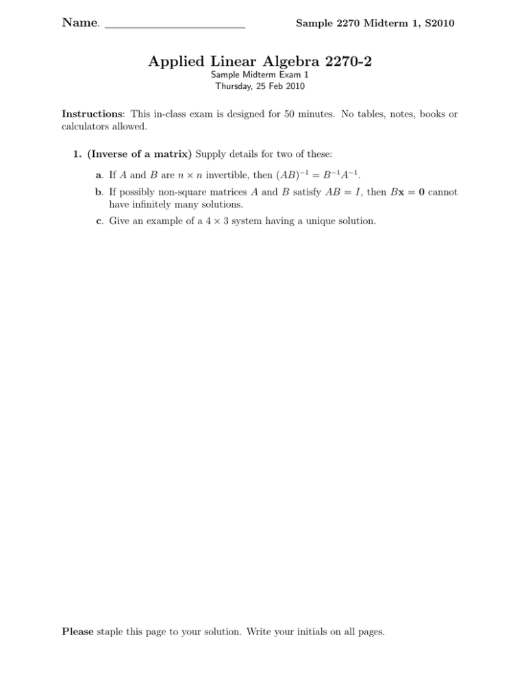 Applied Linear Algebra 2270-2 Name