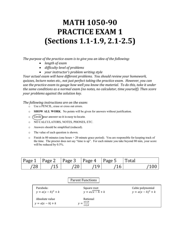 MATH 1050-90 PRACTICE EXAM 1 (Sections 1.1-1.9, 2.1-2.5)