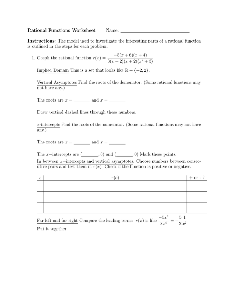 Rational Functions Worksheet Name