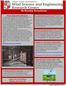 Bi­Weekly Newsletter  ATMO Mondays Schedule:  Popular Science thinks WISE is Cool!  Faculty, Staff, and PhD Student Updates 