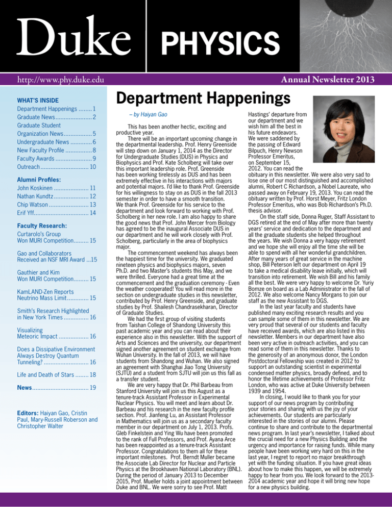 Duke PHYSICS Annual Newsletter 2013