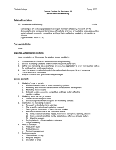 Course Outline for Business 36 Introduction to Marketing Catalog Description: