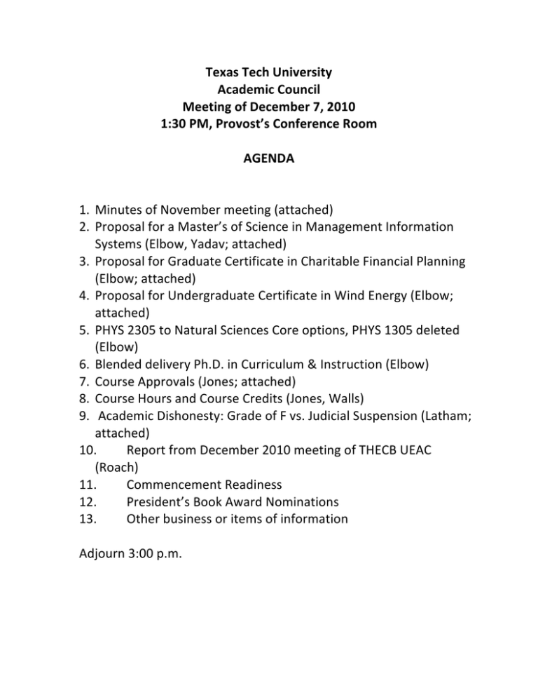Texas Tech Academic Council Meeting Agenda & Minutes