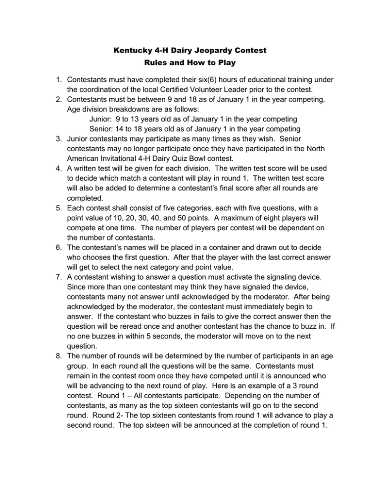 Kentucky 4H Dairy Jeopardy Contest Rules and How to Play