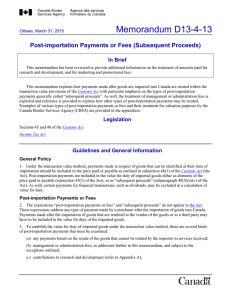 Memorandum D13-4-13 Post-importation Payments or Fees (Subsequent Proceeds) In Brief