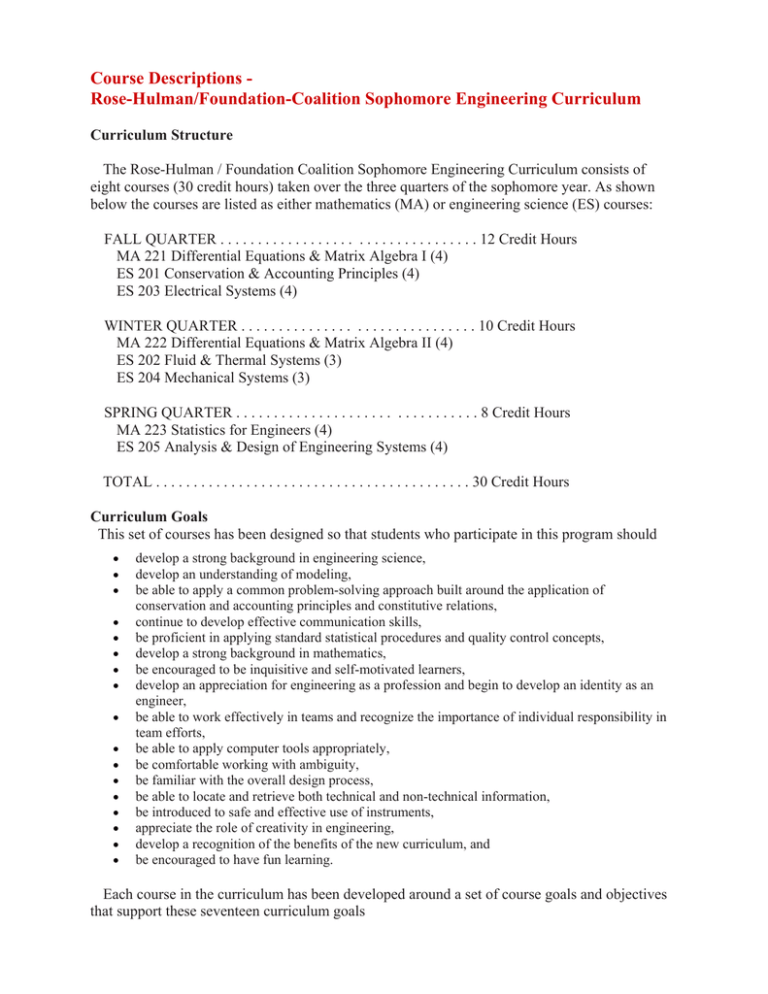RoseHulman Sophomore Engineering Curriculum Course Descriptions