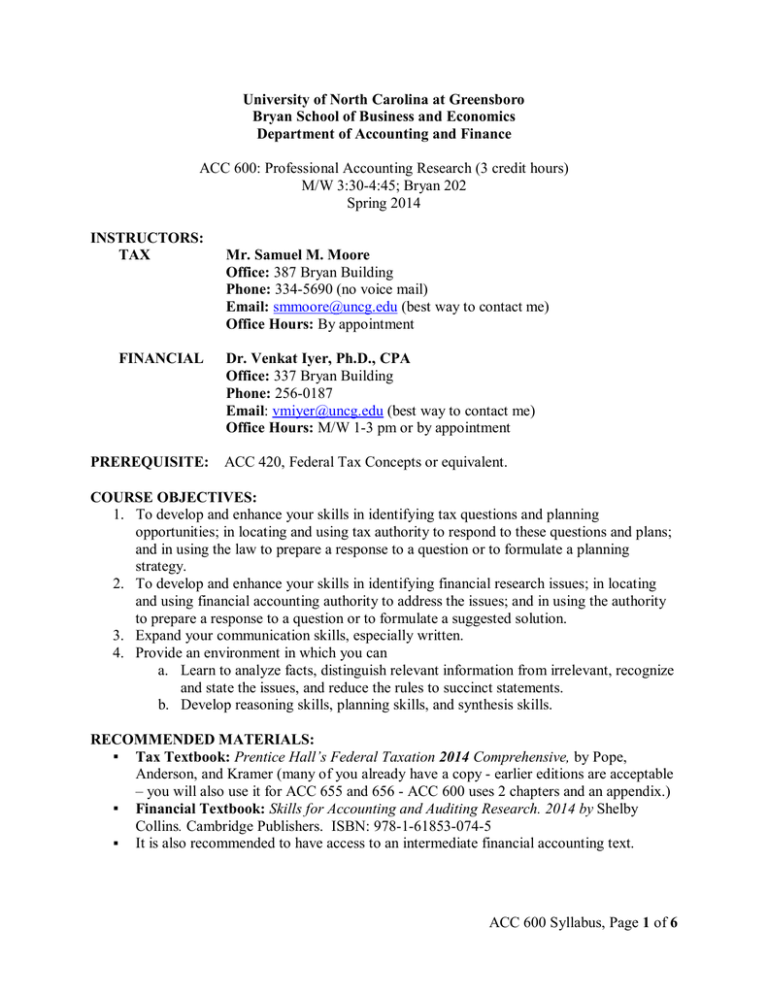 University of North Carolina at Greensboro Department of Accounting and