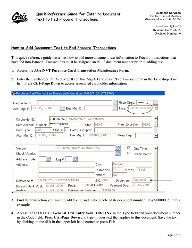 Quick Reference Guide For Entering Document Text To Fed Procard Transactions