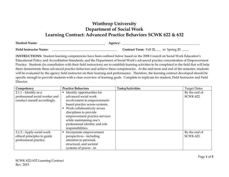 Winthrop University Department Of Social Work