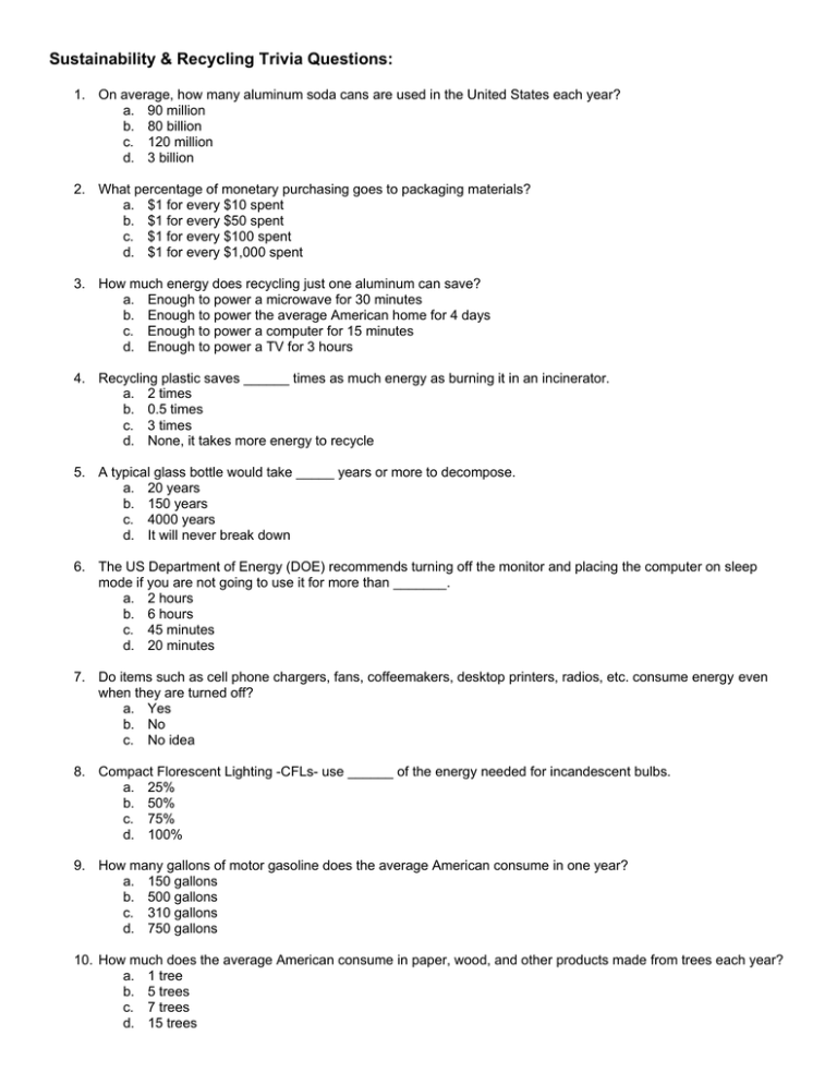 Rycycle Questions Sustainability & Recycling Trivia Questions