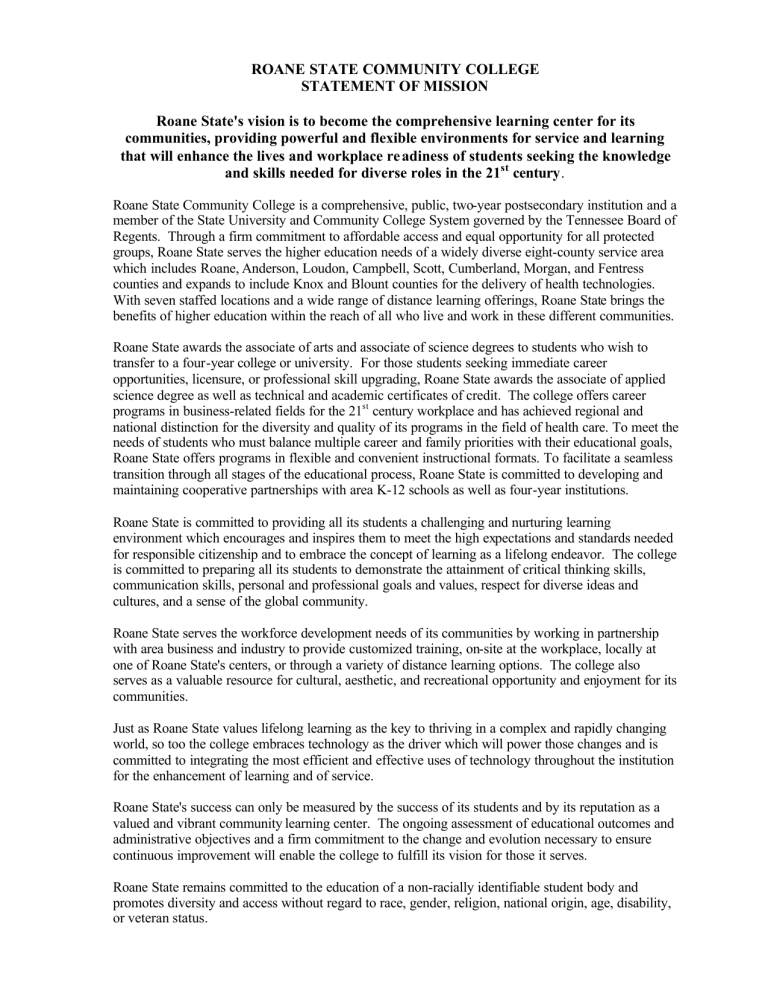 ROANE STATE COMMUNITY COLLEGE STATEMENT OF MISSION