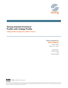 Strong Interest Inventory  Profile with College Profile JANE SAMPLE