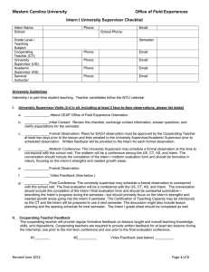 Western Carolina University  Office of Field Experiences Intern I University Supervisor Checklist