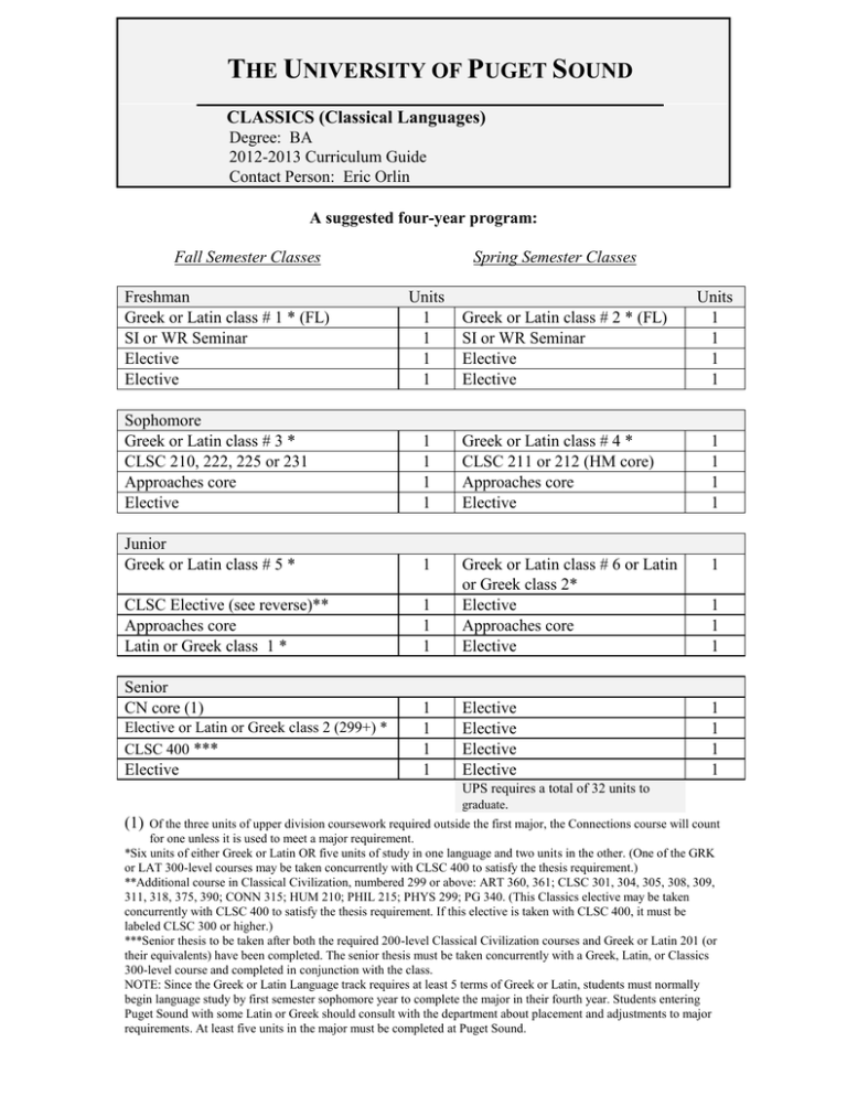 University of Puget Sound Classics Curriculum Guide 20122013
