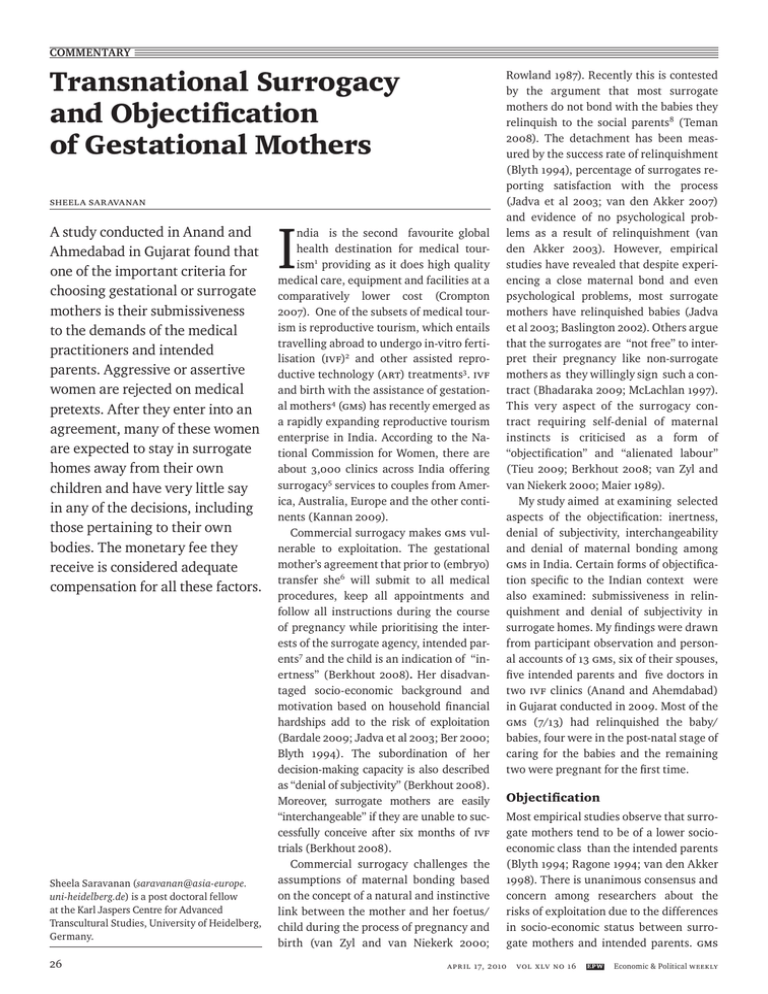 I Transnational Surrogacy And Objectification Of Gestational Mothers