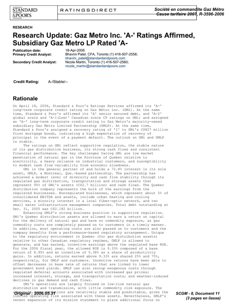 Research Update: Gaz Metro Inc. 'A-' Ratings Affirmed, Rationale