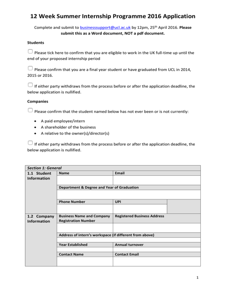 12 Week Summer Internship Programme 2016 Application