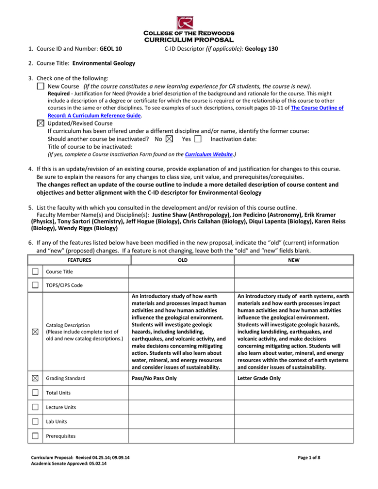 GEOL 10 (if Applicable): Environmental Geology