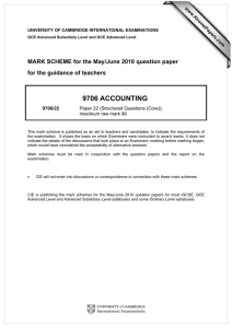9706 ACCOUNTING  MARK SCHEME for the May/June 2010 question paper