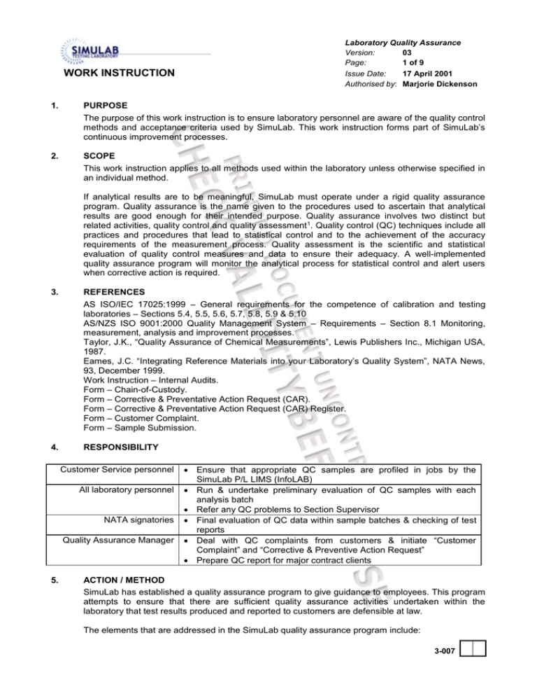 SimuLab Laboratory Quality Assurance Work Instruction