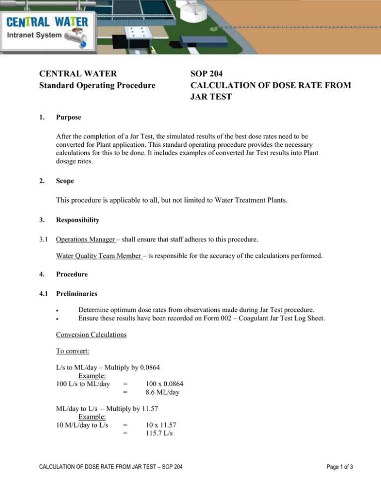 CENTRAL WATER SOP 204 Standard Operating Procedure
