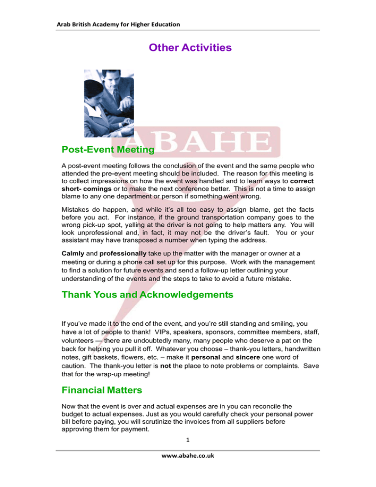 Other Activities PostEvent Meeting