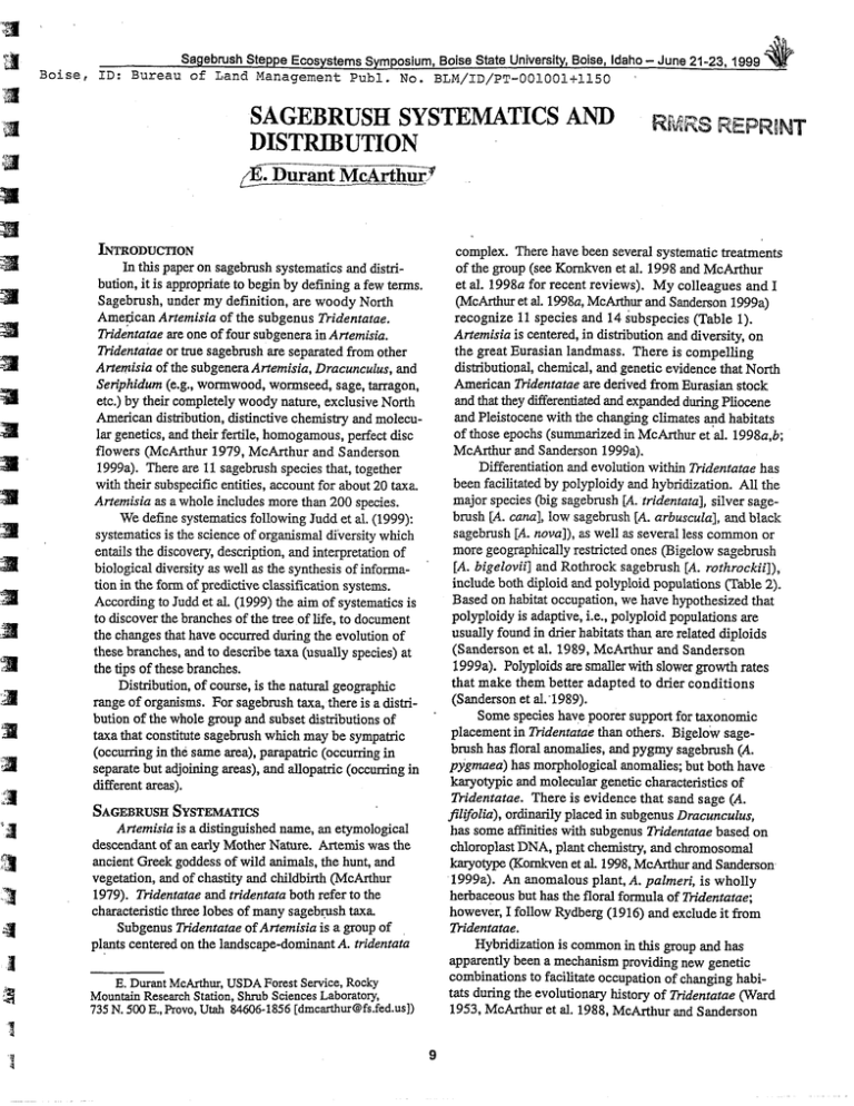 SAGEBRUSH SYSTEMATICS AND DISTRlBUTION