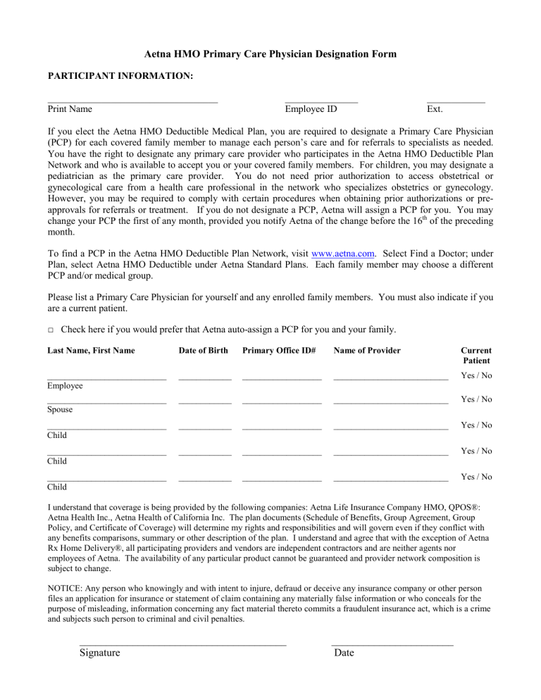 Aetna HMO Primary Care Physician Designation Form