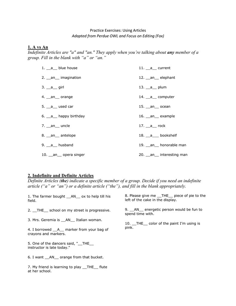 1 A Vs An Any Practice Exercises Using Articles