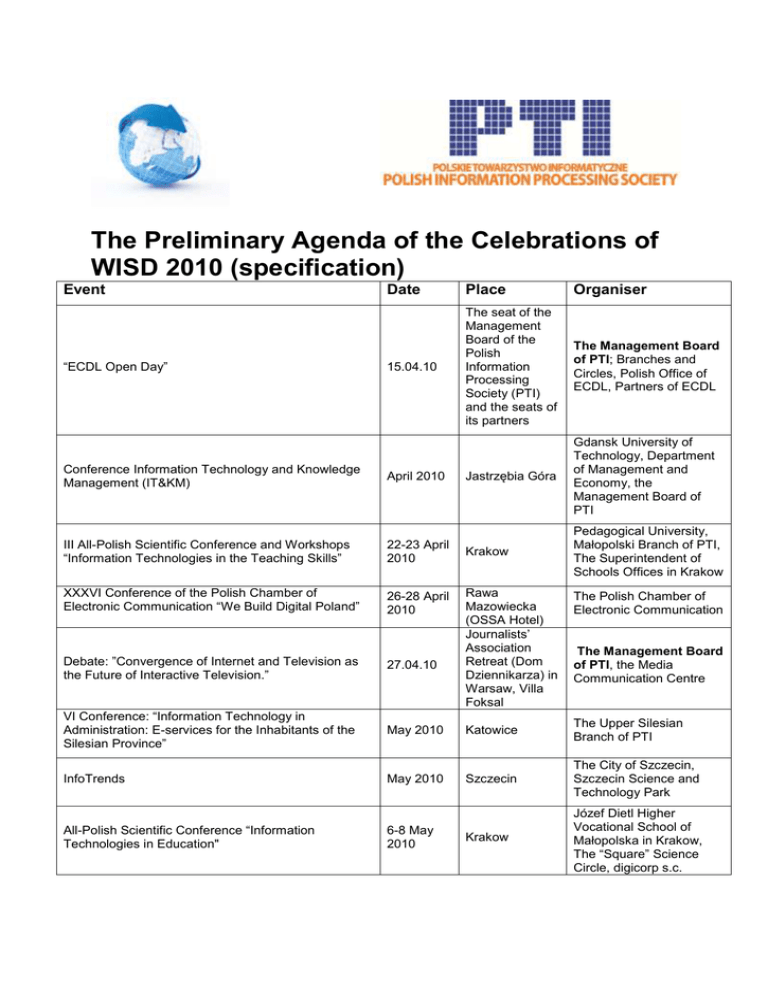 The Preliminary Agenda of the Celebrations of WISD 2010 (specification