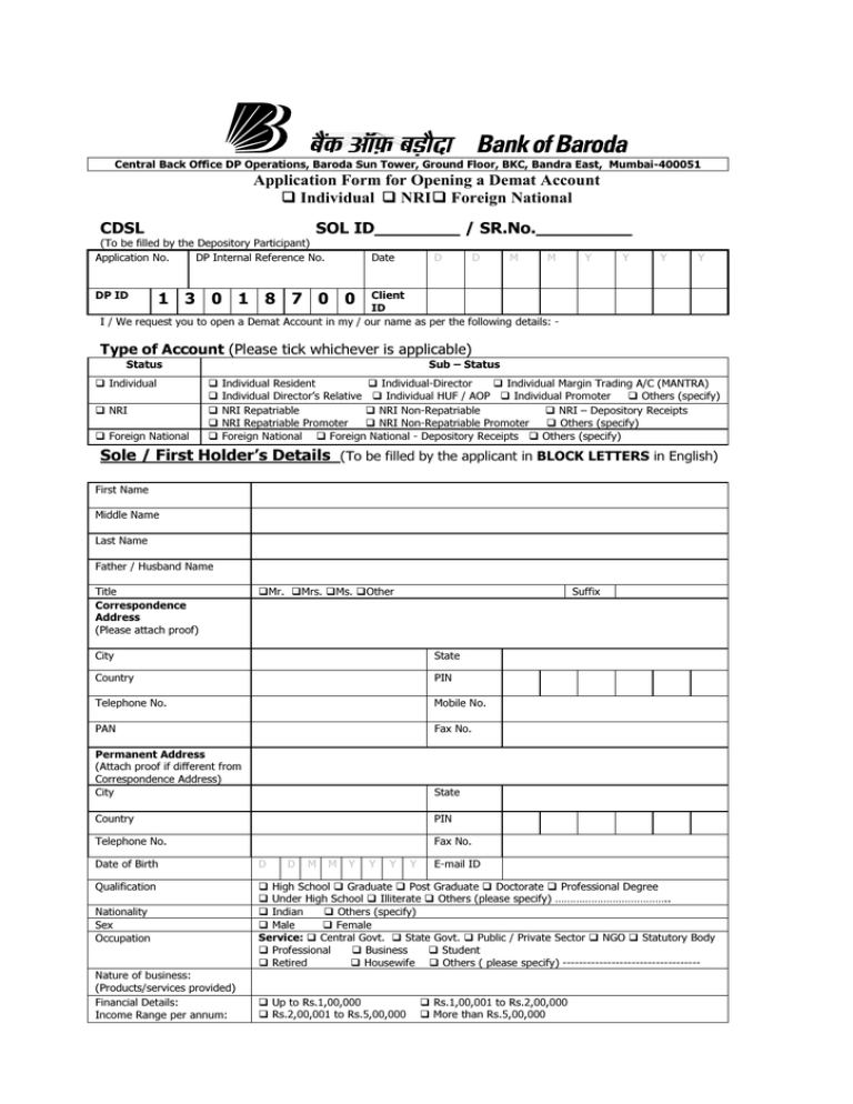 Application Form For Opening A Demat Account Individual 5694
