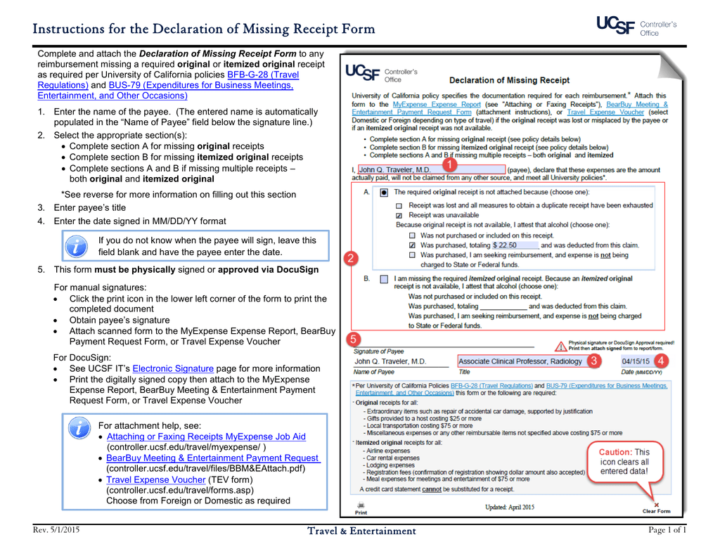 instructions for the declaration of missing receipt form