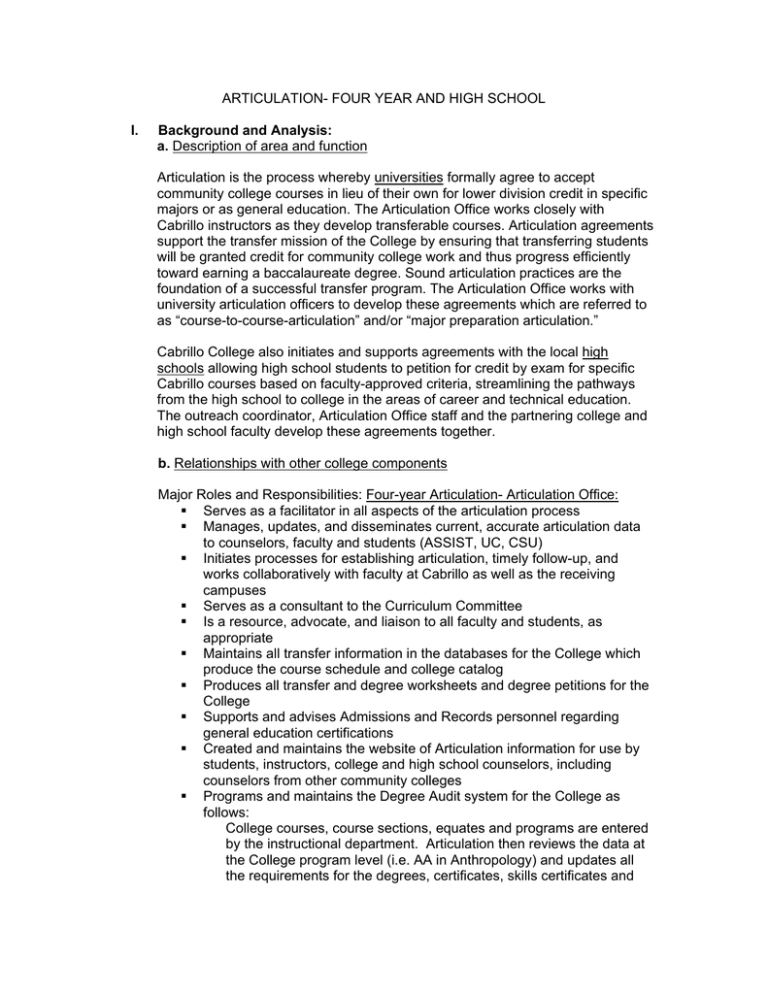 ARTICULATION FOUR YEAR AND HIGH SCHOOL I.
