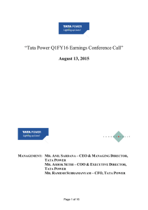 “Tata Power Q1FY16 Earnings Conference Call” August 13, 2015 –