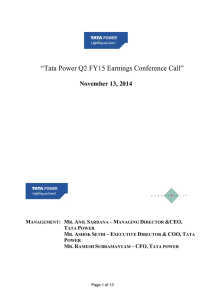 “Tata Power Q2 FY15 Earnings Conference Call” November 13, 2014 –