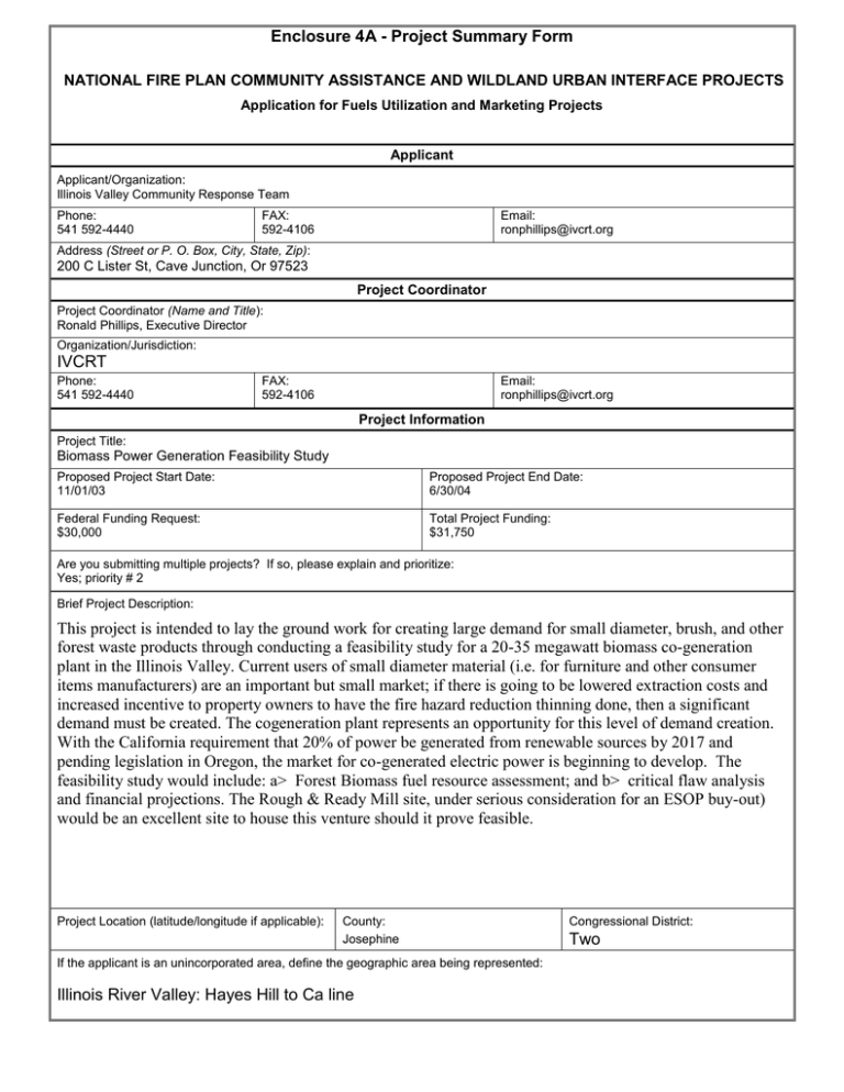 Enclosure 4A - Project Summary Form