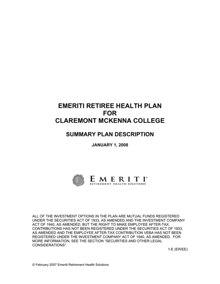 EMERITI RETIREE HEALTH PLAN FOR CLAREMONT MCKENNA COLLEGE