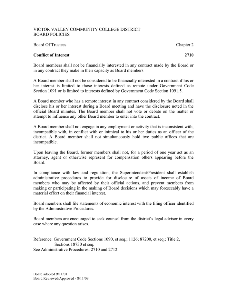 VICTOR VALLEY COMMUNITY COLLEGE DISTRICT BOARD POLICIES Board Of Trustees
