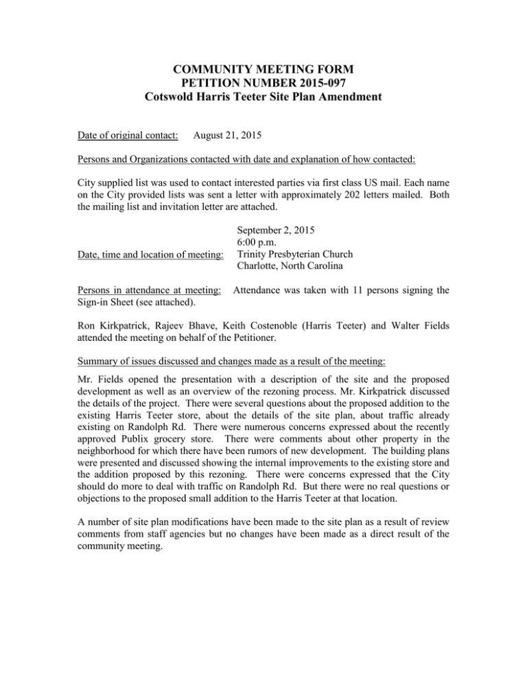 COMMUNITY MEETING FORM PETITION NUMBER 2015097 Cotswold Harris Teeter