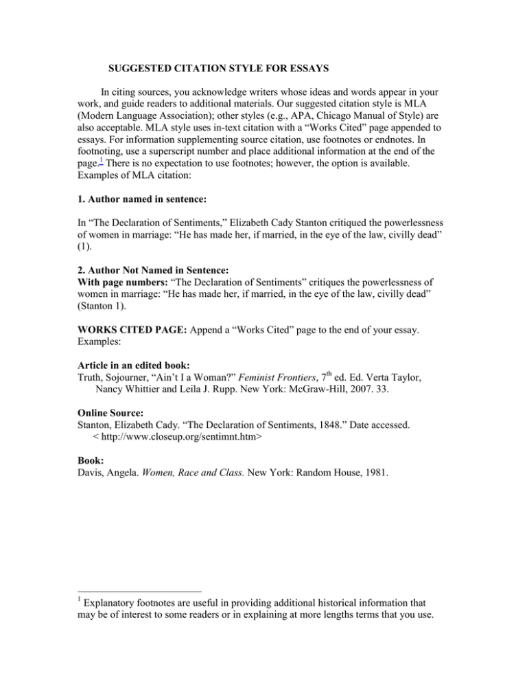 In Citing Sources You Acknowledge Writers Whose Ideas And Words Work And Guide Readers To Additional Materials Our Suggested Citation Suggested Citation Style For Essays