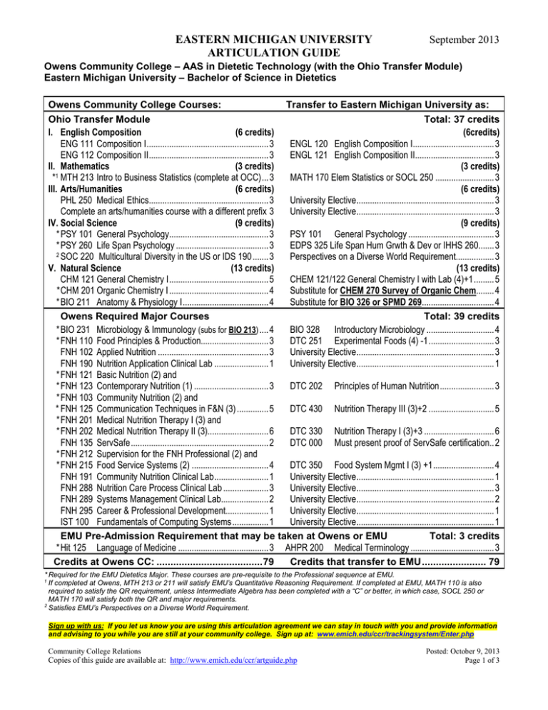 EASTERN MICHIGAN UNIVERSITY ARTICULATION GUIDE September 2013