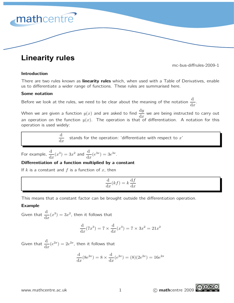 Linearity Rules in Calculus: Differentiation Worksheet